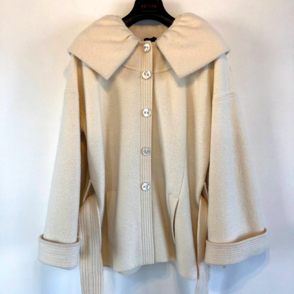 Escada Wool Blend Tie Waist Coat Cream White SZ M